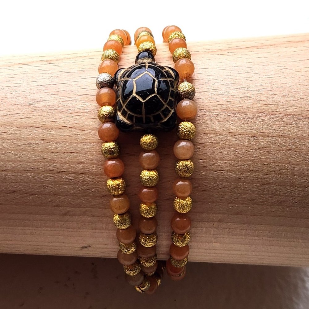 ESTATE SALE: ORANGE CHALCEDONY, LARGE TURTLE. SET of 3 STRETCHABLE BRACELETS